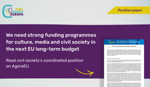 "We need strong funding programmes for culture, media and civil society in the next EU long-term budget. Read civil society's coordinated position on AgoraEU"