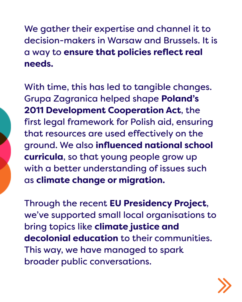We gather their expertise and channel it to decision-makers in Warsaw and Brussels. It is a way to ensure that policies reflect real needs.

With time, this has led to tangible changes. Grupa Zagranica helped shape Poland’s 2011 Development Cooperation Act, the first legal framework for Polish aid, ensuring that resources are used effectively on the ground. We also influenced national school curricula, so that young people grow up with a better understanding of issues such as climate change or migration. 

Through the recent EU Presidency Project, we’ve supported small local organisations to bring topics like climate justice and decolonial education to their communities. This way, we have managed to spark broader public conversations. 